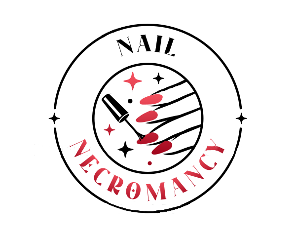 Untitled Logo for Nail Necromancy featuring a black circular design with dark gothic elements and bright red accents. The center shows a vertical row of stylized red press-on nails beneath a small star sparkle.